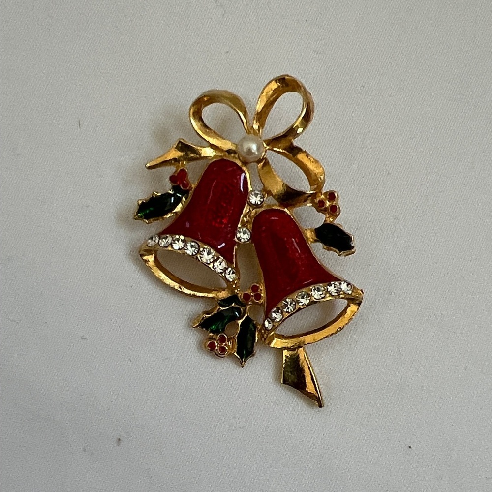 Christmas Bells Pin Brooch Vintage Enamel & Rhinestone Gold Tone Unbranded
